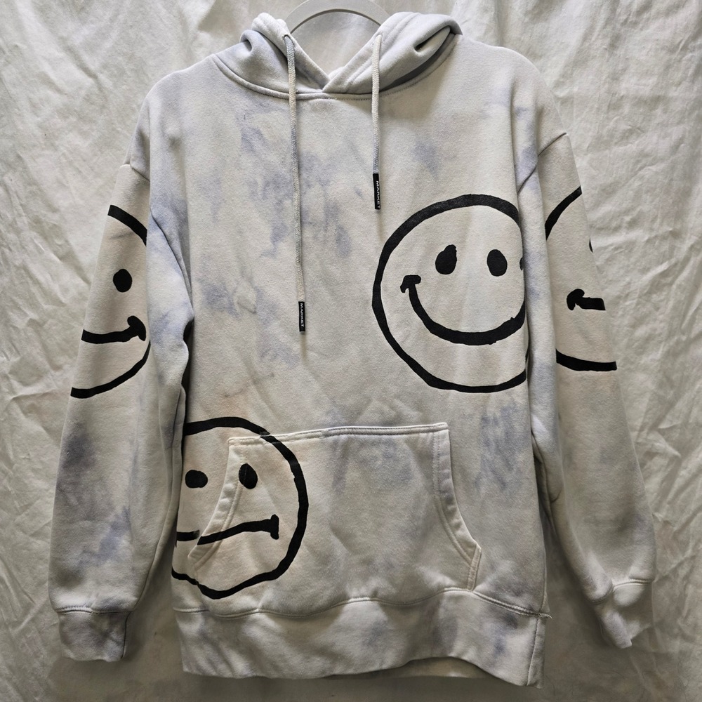 Market Smiley Tie Dye Hoodie Sweatshirt Grateful Happy Faces Grey White‎ Medium